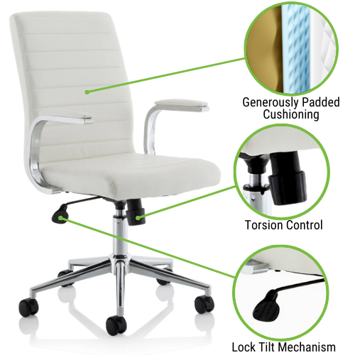 Ezra Executive Office Chair - White Leather Seat & Back - Chrome Base - Fixed Padded Arms for Comfort  - 3 Years Warranty
